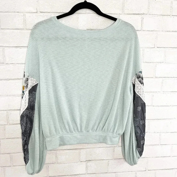 Free People Casual Clash Balloon Sleeve Thermal Top Mint Green Boho Blouse XS - Picture 7 of 7